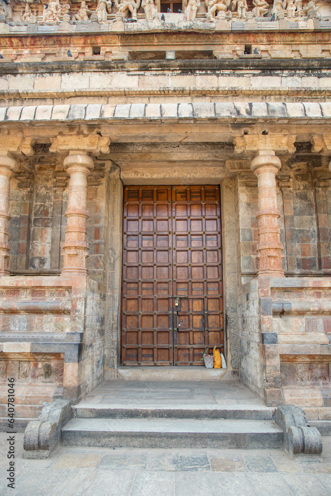 Old wooden door in Airavatesvara Temple, Darasuram, Tamil Nadu, India. One of Great Living Chola Temples - UNESCO World Heritage Site