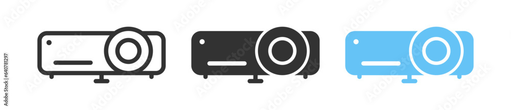 Projector icon. Digital video show signs. Presentation for meeting symbol. Conference multimedia symbols. Beam for cinema icons. Black, blue color. Vector sign. Projector icon. Digital video show signs. Presentation for meeting symbol. Conference multimedia symbols. Beam for cinema icons. Black, blue color. Vector sign.