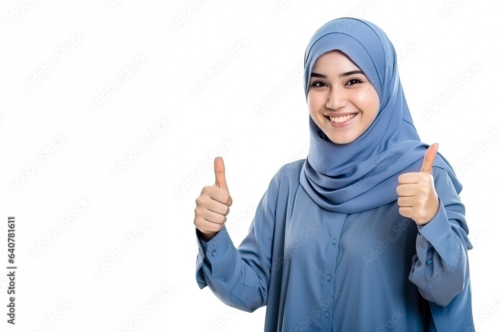 Happy Arab woman wearing a Hijab, showing thumbs up sign. Isolated on a white background with copy space. Happy Arab woman wearing a Hijab, showing thumbs up sign. Isolated on a white background with copy space.