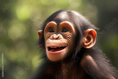 Print op canvas Cute chimpanzee with a big happy smile close up
