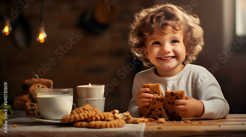 un enfant est assis à une table de cuisine et prend son petit déjeuner avant d'aller à l'école