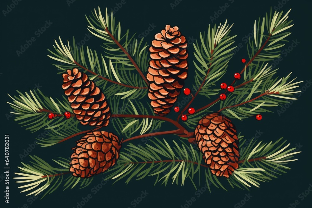 Fototapeta premium christmas fir branches with pine cones illustration