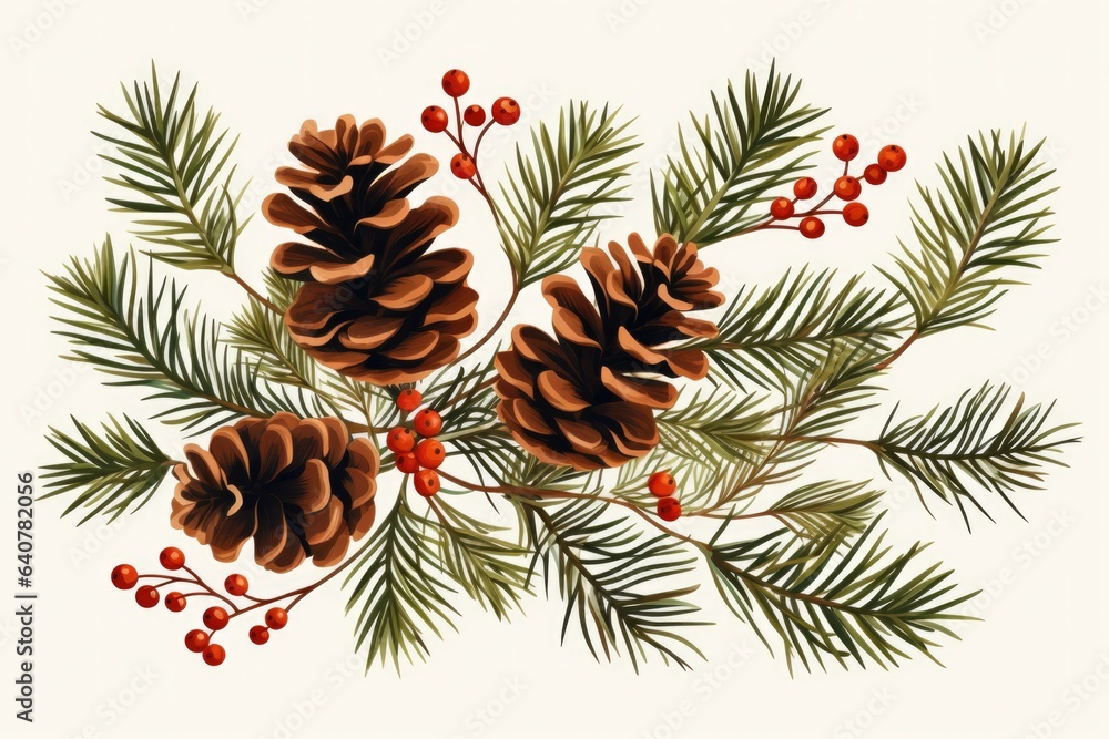 Fototapeta premium christmas fir branches with pine cones illustration