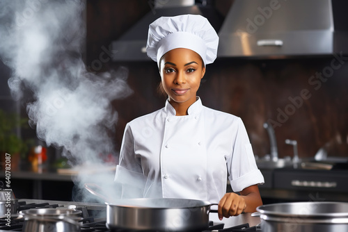 African american chef woman preparing food in a professional kitchen. 