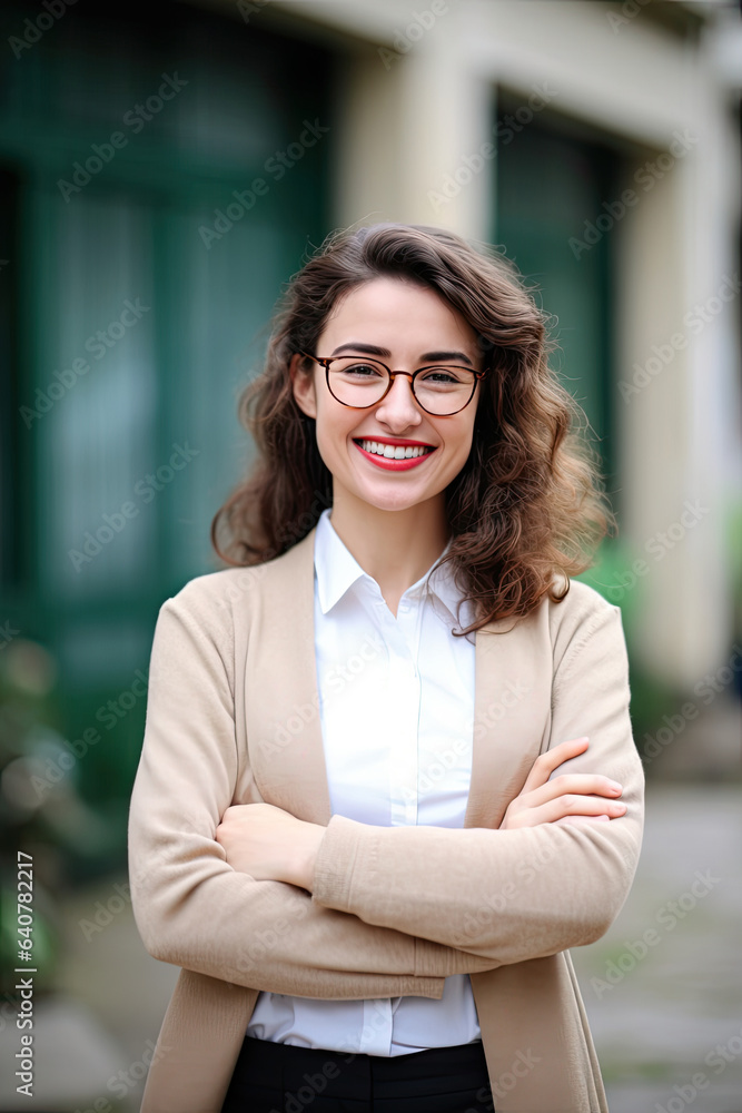 Young happy pretty smiling professional business woman, happy confident positive female entrepreneur standing outdoor on street arms crossed, looking at camera Young happy pretty smiling professional business woman, happy confident positive female entrepreneur standing outdoor on street arms crossed, looking at camera