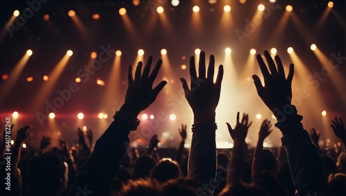 Hands at the concert, silhouettes against stage lighting. Ai generated.