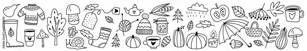 Vector collection of autumn elements and objects drawn by hand in the style of doodles.