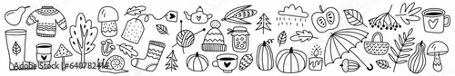 Vector collection of autumn elements and objects drawn by hand in the style of doodles.