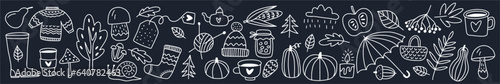 Vector collection of autumn elements and objects drawn by hand in the style of doodles.