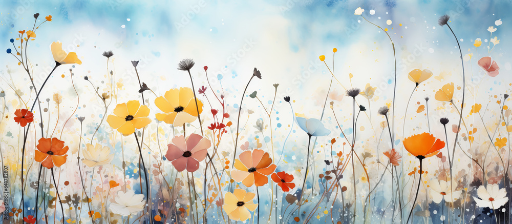 Beautiful natural banner with colorful wild watercolor flowers border