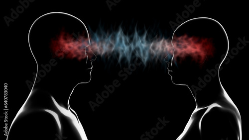 Telepathic communication between 2 people. Profiles of human male, female in telepathic communication. Transfer of information, consciousness between two people. 3d illustration render