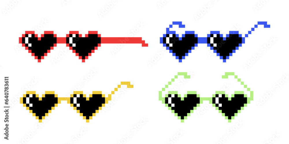 Vector Pixel Heart Shaped Boss Glasses Icon Set in 8 bit Retro Style. Summer Meme Game Thug Design, Mafia Gangster Funky Sunglasses. Rap Music Design Element Vector Pixel Heart Shaped Boss Glasses Icon Set in 8 bit Retro Style. Summer Meme Game Thug Design, Mafia Gangster Funky Sunglasses. Rap Music Design Element