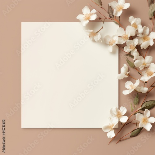 beige banner frame with flowers. blooming cherry. sakura. Japanese style. place for text. white sheet of paper