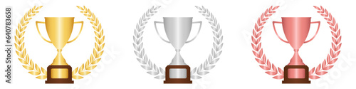 Set of Golden, Silver and Bronze Trophy Cup. Award or Champion Cup on White Background. Champion and Winning Concept Vector Illustration.