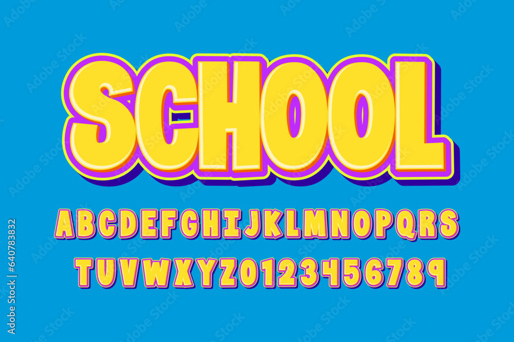 School cartoon style font design. Custom alphabet letters and numbers vector