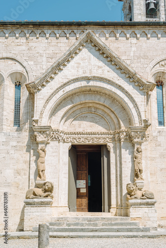 San Quirico D'Orcia, Tuscany - August 2023: Entrance portal of the Pieve dei Santi Quirico e Giulitta.