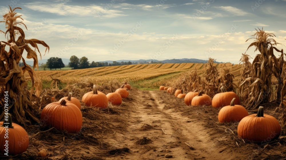 A field of pumpkins in the middle of a dirt road - obrazy, fototapety, plakaty 