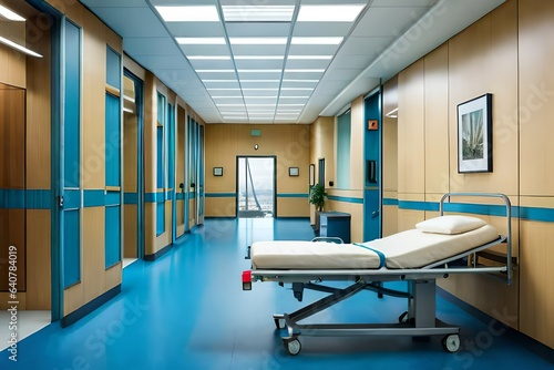 long corridor in the hospital with doors and a gurney photo