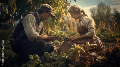 A man and a woman in a field of vegetables