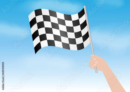 Hand Holding and Waving Checkered Flag on Blue Sky. Racing Concept. Vector Illustration.