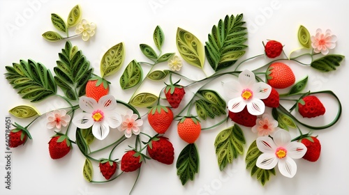 Strawberries plant and flowers paper quilling isolated on white. photo