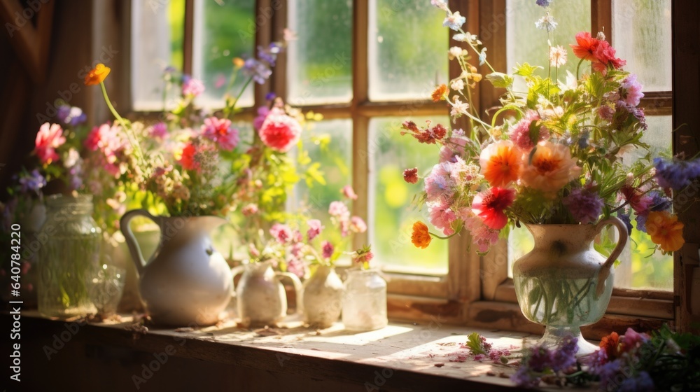 A window sill filled with vases of flowers