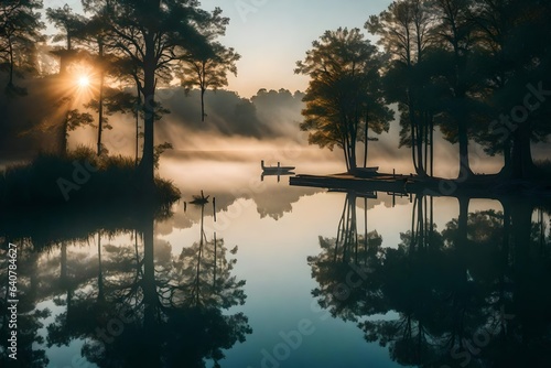 A serene sunrise over a tranquil lake, with mist gently rising from the water's surface.  © SardarMuhammad