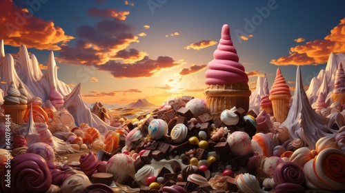 Landscape filled of ice-cream cones, candy and a chocolate river. Made with Generative AI. photo