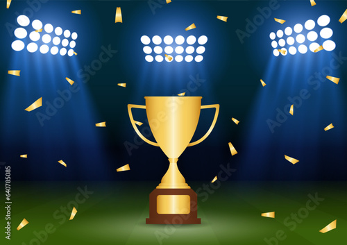 Football Champion Cup. Golden Trophy Cup for Football Championship in Arena. Football Championship Celebration in Soccer Stadium.