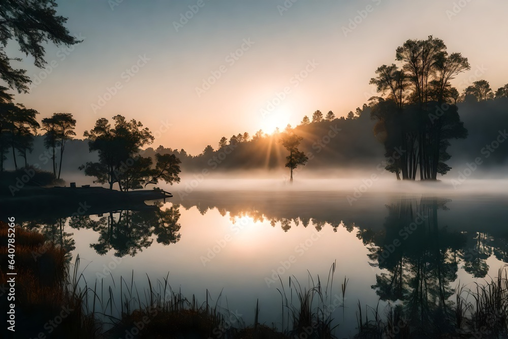 Obraz premium A serene sunrise over a tranquil lake, with mist gently rising from the water's surface. 