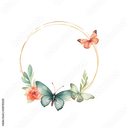 Stylized wreath with flowers and butterfly. Round floral frame for your text