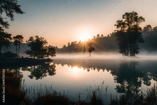 A serene sunrise over a tranquil lake, with mist gently rising from the water's surface. 