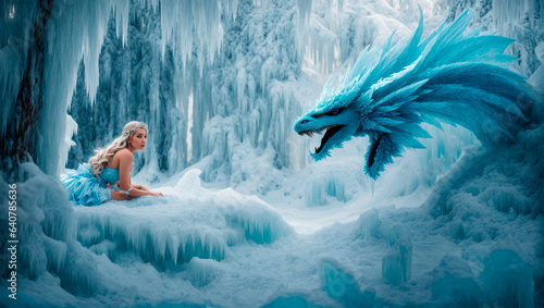 Fantasy illustration with magical creatures like snow fairies and ice dragons in a fairy tale ice forest