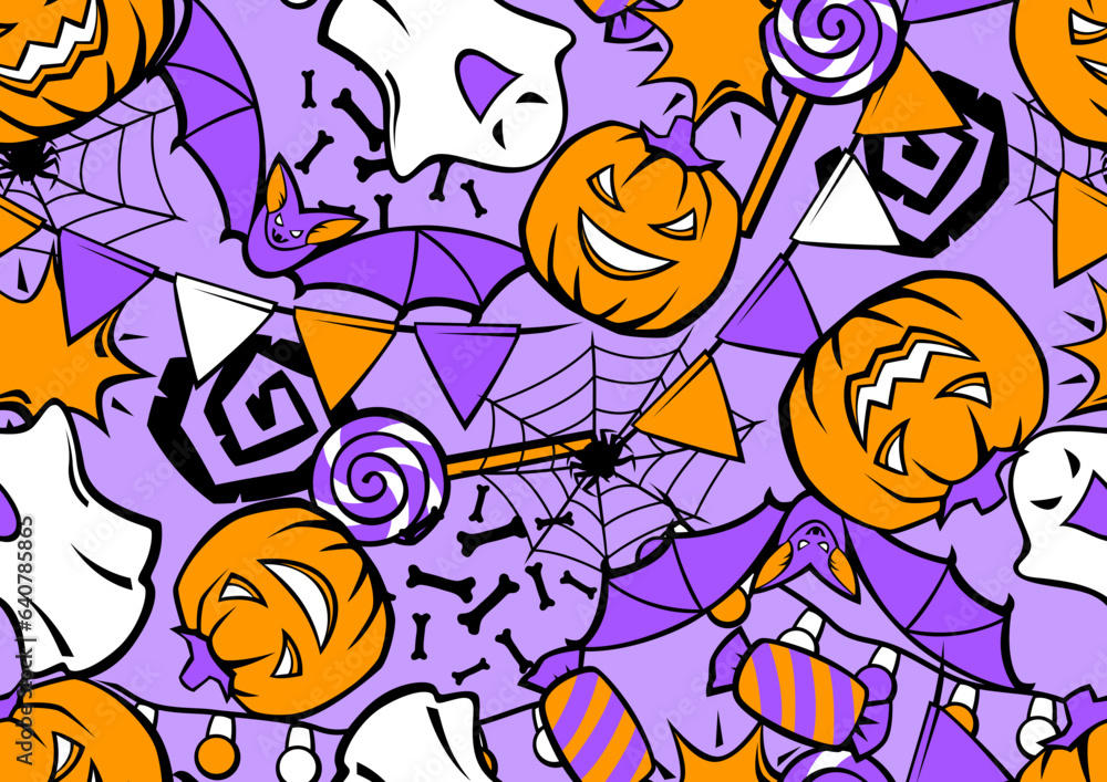 Happy Halloween pattern. Holiday background with celebration items.
