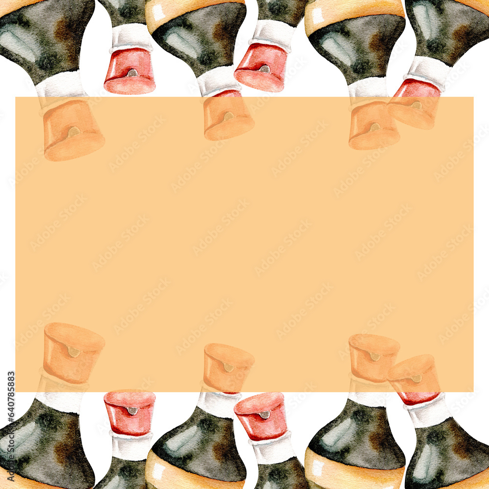 Watercolor soya sause frame with space for text in the middle . Botltle ...