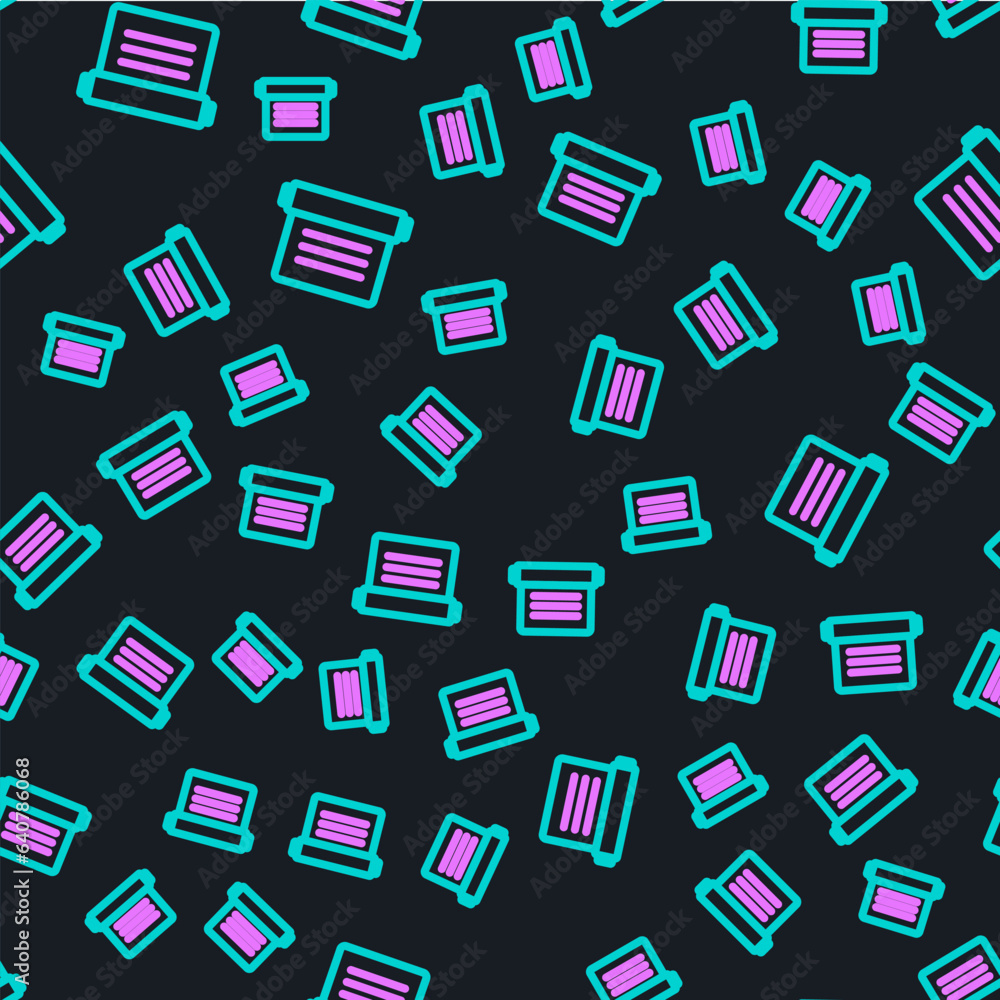 Line Ancient magic book with alchemy recipes and mystic spells and enchantments icon isolated seamless pattern on black background. Vector Line Ancient magic book with alchemy recipes and mystic spells and enchantments icon isolated seamless pattern on black background. Vector