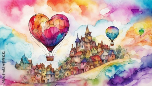 Alcohol ink, hot air balloons dancing in the sky, rainbow colors