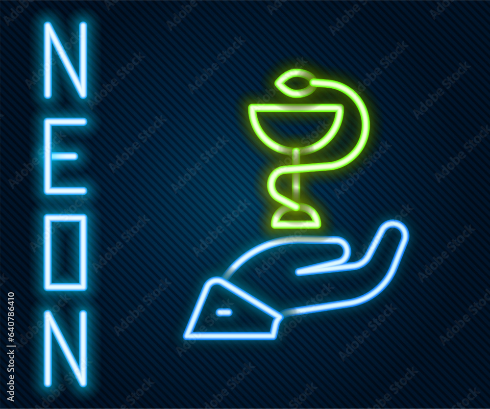 Glowing neon line Caduceus snake medical symbol icon isolated on black background. Medicine and health care. Emblem for drugstore or medicine, pharmacy. Colorful outline concept. Vector Glowing neon line Caduceus snake medical symbol icon isolated on black background. Medicine and health care. Emblem for drugstore or medicine, pharmacy. Colorful outline concept. Vector