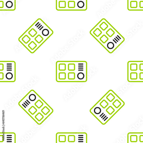 Line Drum machine icon isolated seamless pattern on white background. Musical equipment. Vector