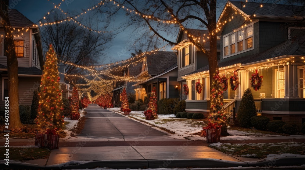 Christmas Lights outside on a House, synchronized to music or spinning Christmas-themed projections.