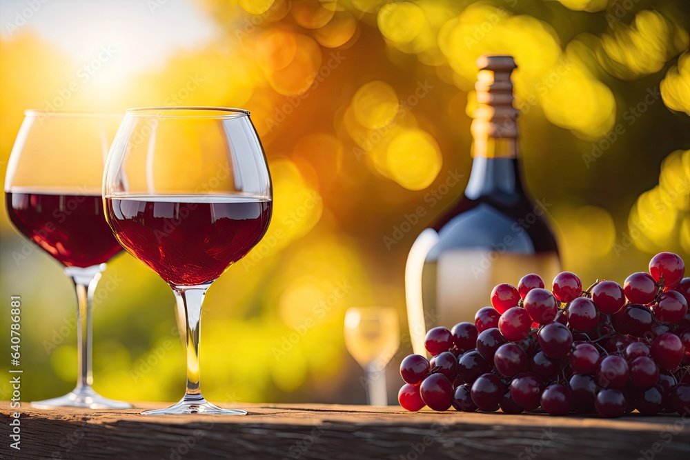 Glasses of red and white wine and ripe grape. ai generative
