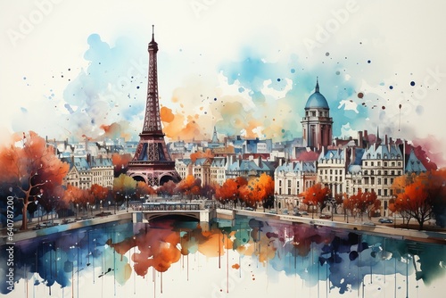 Paris skyline watercolor painting