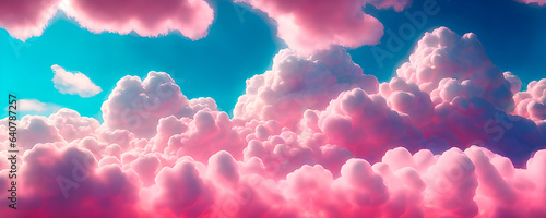 Abstract blue sky with fluffy pastel pink clouds. View from above the clouds.