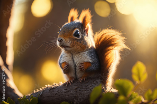 Cute fluffy squirrel sits on a branch. ai generative