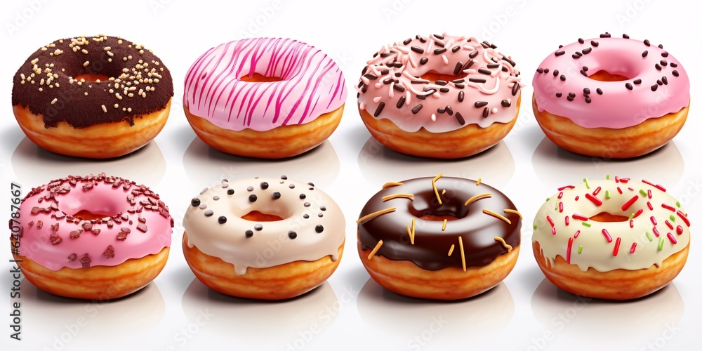 The delectable donut set, isolated against a pure white canvas, offers a glimpse into a cafe menu filled with a variety of enticing treats. The delectable donut set, isolated against a pure white canvas, offers a glimpse into a cafe menu filled with a variety of enticing treats.