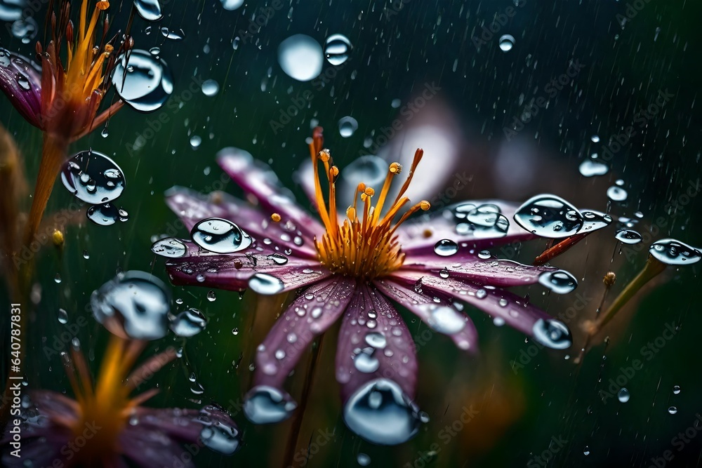 A close-up of raindrops clinging to the delicate petals of a vibrant wildflower.
