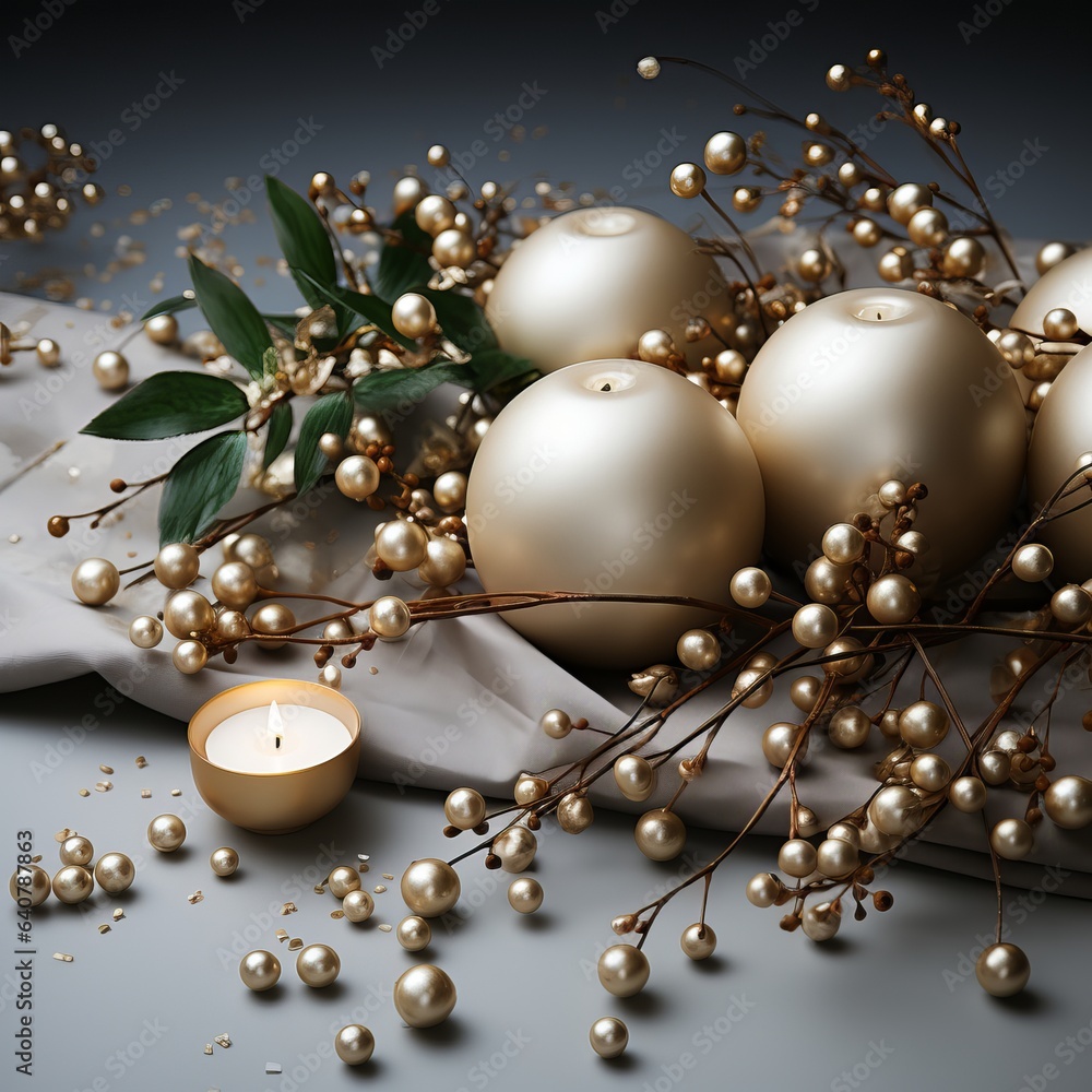Elegant Christmas decorations for a festive tree of a light shade, decorated with beads and stones. Monochromatic background with copy space, decor for the new year Elegant Christmas decorations for a festive tree of a light shade, decorated with beads and stones. Monochromatic background with copy space, decor for the new year