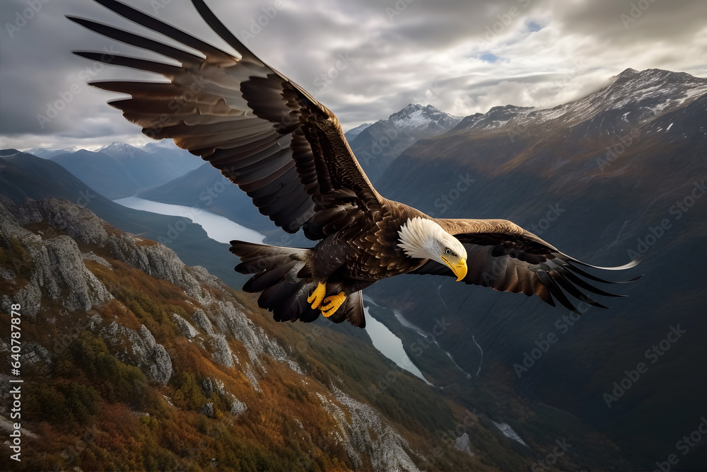 Obraz premium Looking Down: A magnificent bald eagle soars gracefully high above a picturesque mountain landscape.