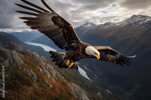 Looking Down: A magnificent bald eagle soars gracefully high above a picturesque mountain landscape.