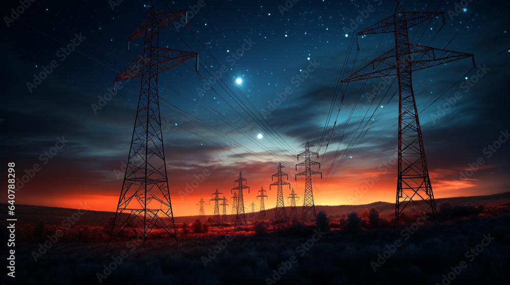 As the stars illuminate the night, electricity transmission towers and ...